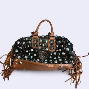 Studded Denim and brown tassel shoulder bag tote